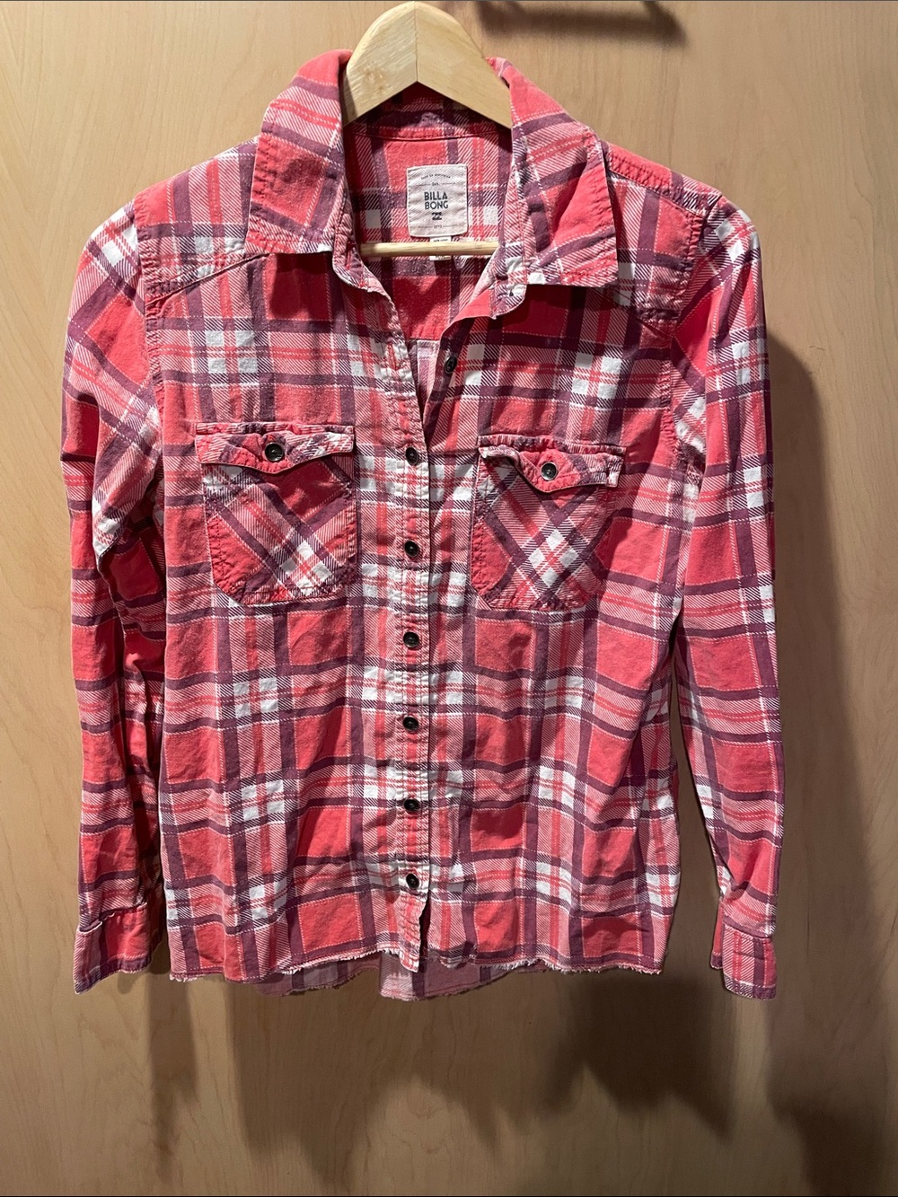 Billabong Pink and White Plaid Button-Down Shirt